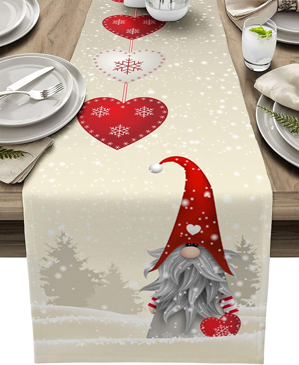 Christmas Snowflake Gnome Linen Table Runner – Reusable Decor for Kitchen & Dining Table