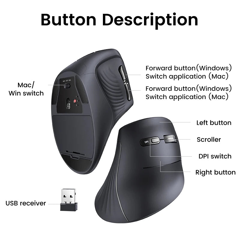 UGREEN Vertical Ergonomic Wireless Mouse – Bluetooth 5.0 & 2.4G, 5 Buttons, Adjustable DPI (1000-4000), Black