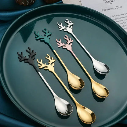 4pcs Christmas Elk Head Stainless Steel Coffee Spoons – Table Decor & Gifts for Xmas 2023 & New Year 2024