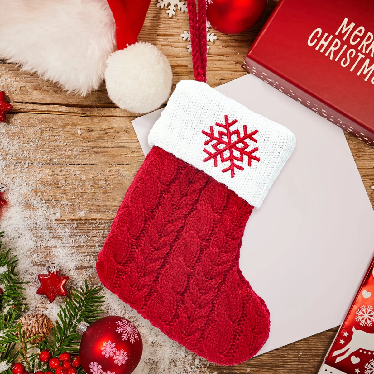 Knitted Christmas Stockings – Snowflake & Letter Design, Home Decor & Tree Ornaments, Xmas 2024