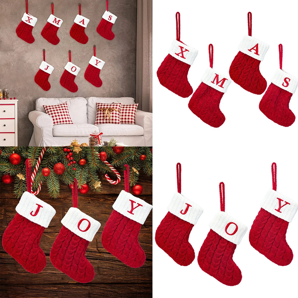 Knitted Christmas Stockings – Snowflake & Letter Design, Home Decor & Tree Ornaments, Xmas 2024