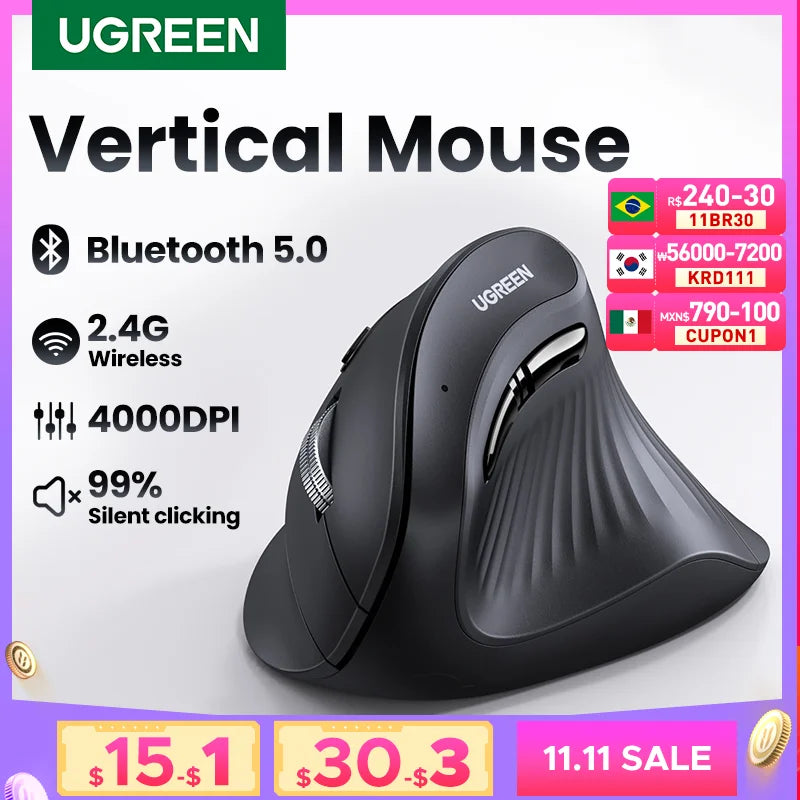 UGREEN Vertical Ergonomic Wireless Mouse – Bluetooth 5.0 & 2.4G, 5 Buttons, Adjustable DPI (1000-4000), Black