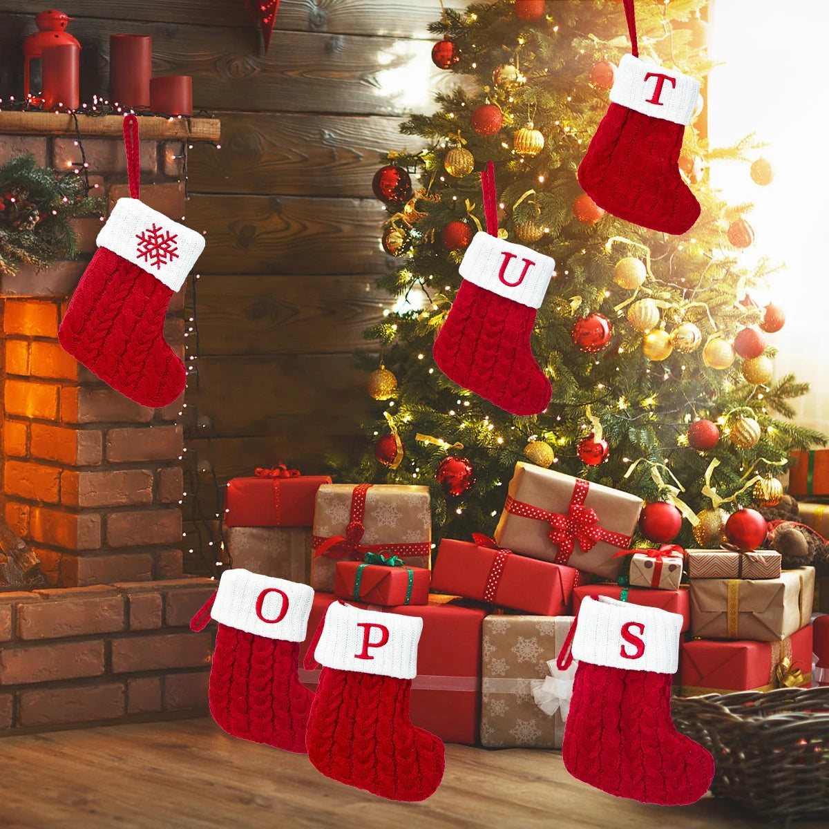 Knitted Christmas Stockings – Snowflake & Letter Design, Home Decor & Tree Ornaments, Xmas 2024