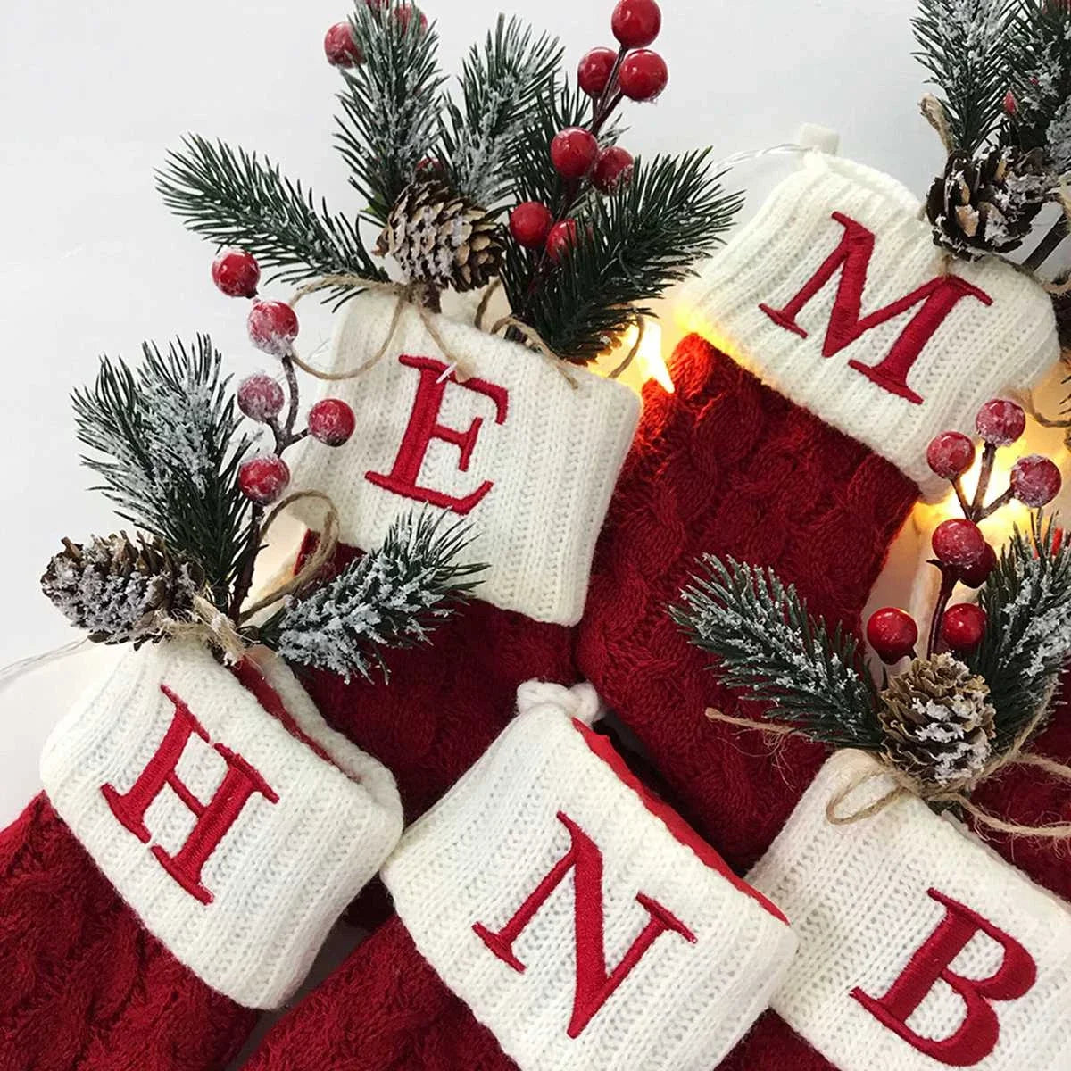 Knitted Christmas Stockings – Snowflake & Letter Design, Home Decor & Tree Ornaments, Xmas 2024