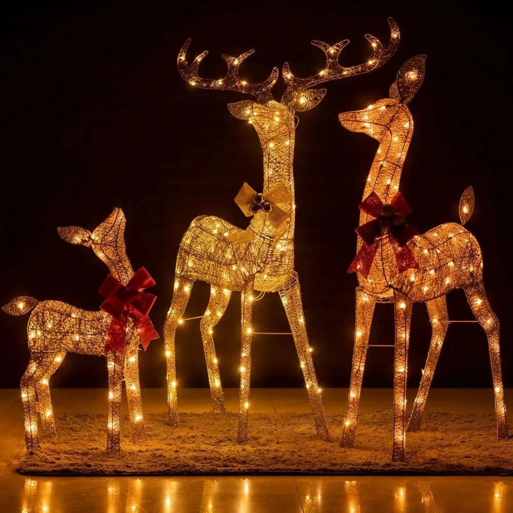 YULETIME Pre-lit 3D Christmas Reindeer Family – Glitter Deer Holiday Decoration with Warm White LED Lights