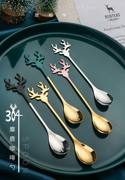 4pcs Christmas Elk Head Stainless Steel Coffee Spoons – Table Decor & Gifts for Xmas 2023 & New Year 2024