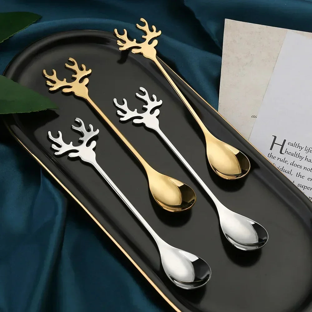 4pcs Christmas Elk Head Stainless Steel Coffee Spoons – Table Decor & Gifts for Xmas 2023 & New Year 2024