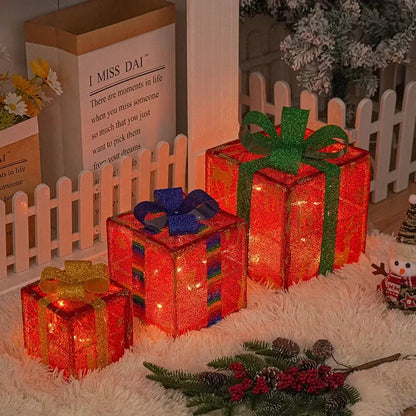 New Christmas Gift Box with LED String Lights – Warm Light 3-Piece Holiday Room Decoration