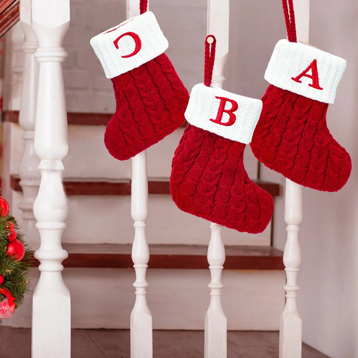 Knitted Christmas Stockings – Snowflake & Letter Design, Home Decor & Tree Ornaments, Xmas 2024