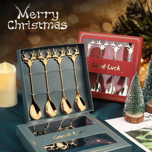 4pcs Christmas Elk Head Stainless Steel Coffee Spoons – Table Decor & Gifts for Xmas 2023 & New Year 2024