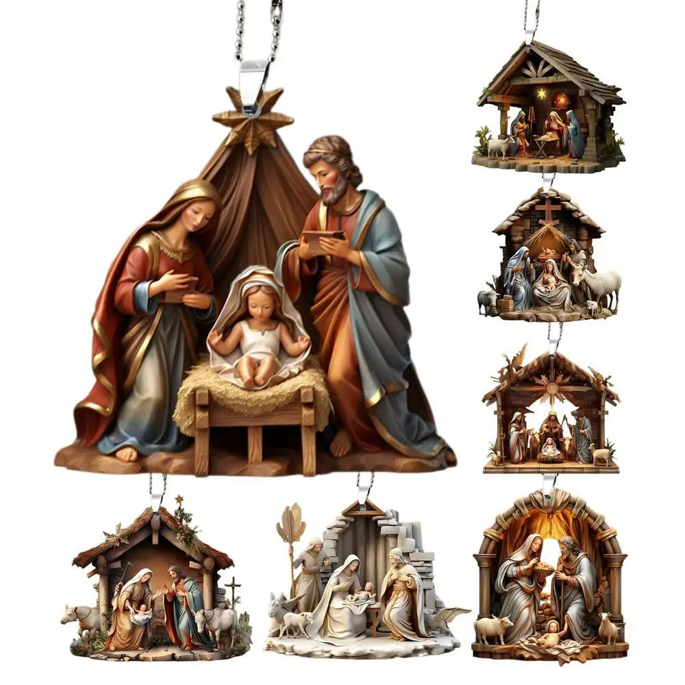 Christmas Nativity Scene Ornaments – 3D Acrylic Birth of Jesus Decoration for Tree & Car