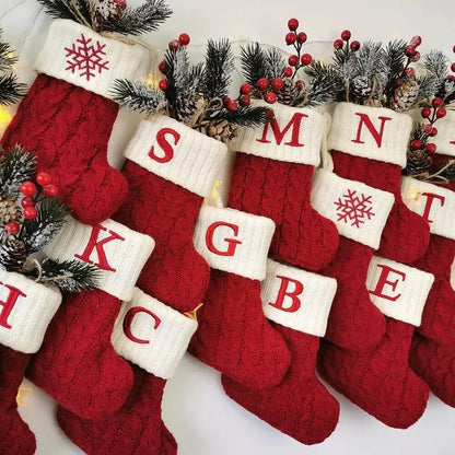 Knitted Christmas Stockings – Snowflake & Letter Design, Home Decor & Tree Ornaments, Xmas 2024