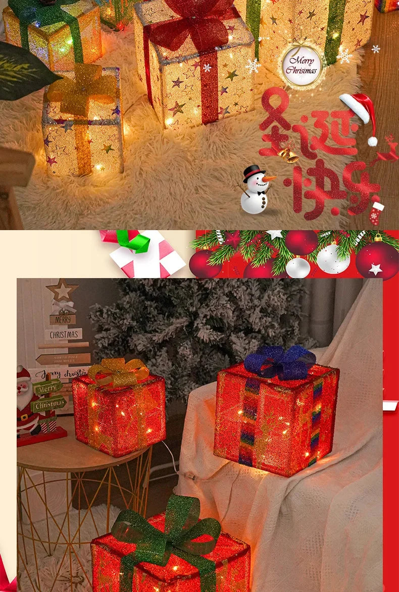 New Christmas Gift Box with LED String Lights – Warm Light 3-Piece Holiday Room Decoration