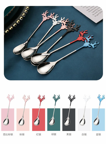 4pcs Christmas Elk Head Stainless Steel Coffee Spoons – Table Decor & Gifts for Xmas 2023 & New Year 2024