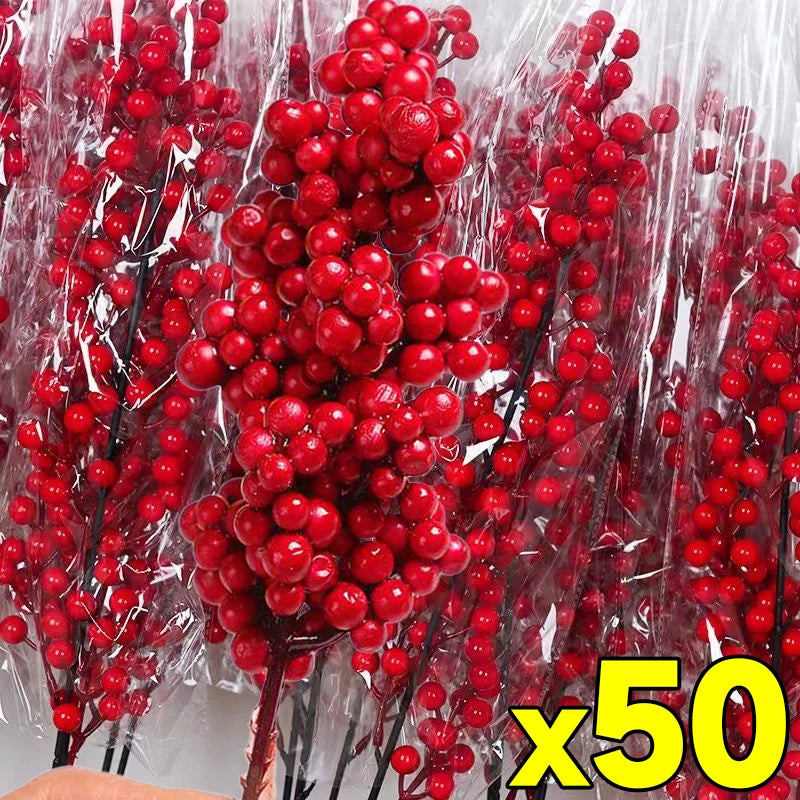 Christmas Red Berries Branch – Artificial Holly Berry Wreath & Stamen Ornaments for Tree & Home Decor