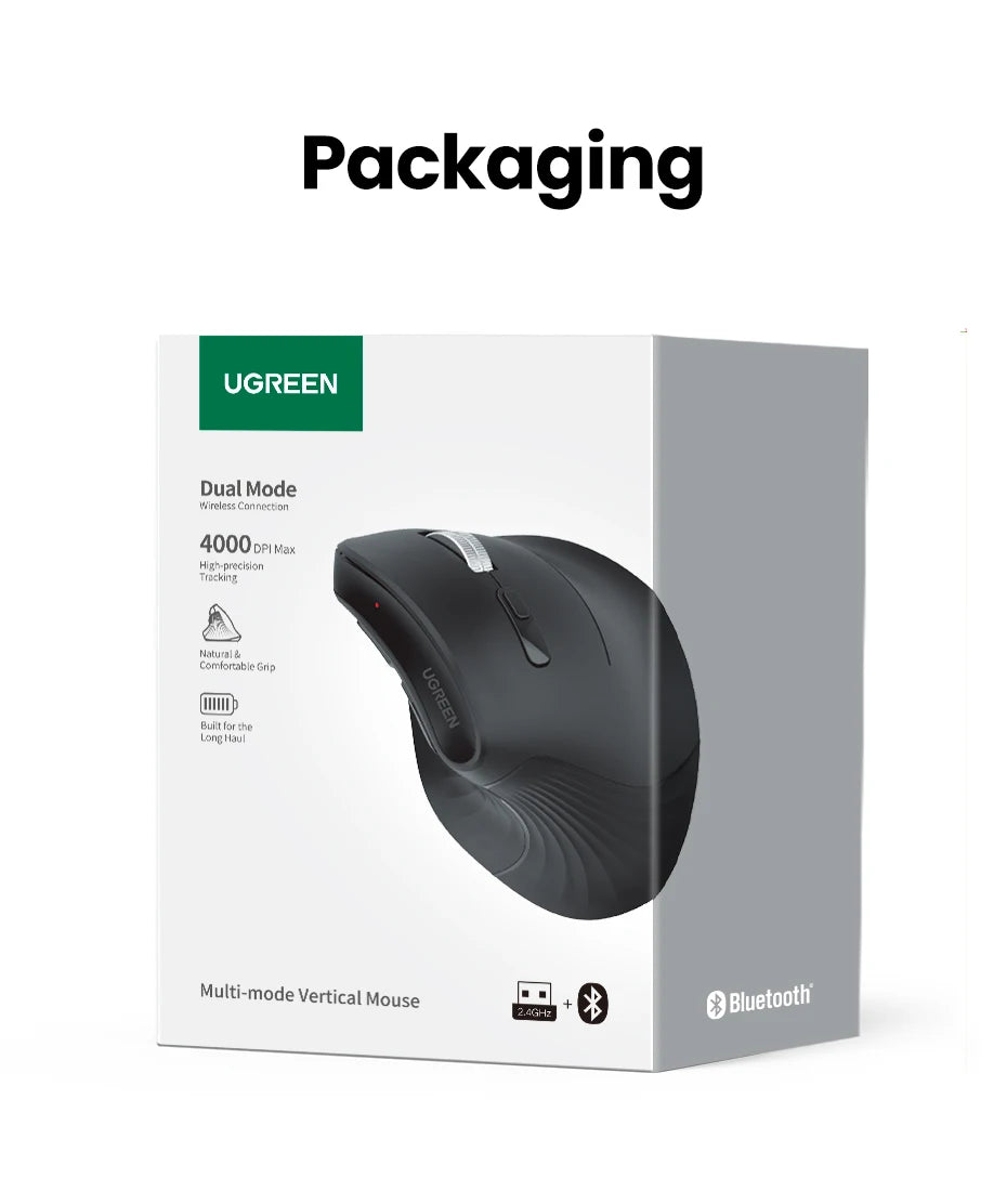 UGREEN Vertical Ergonomic Wireless Mouse – Bluetooth 5.0 & 2.4G, 5 Buttons, Adjustable DPI (1000-4000), Black