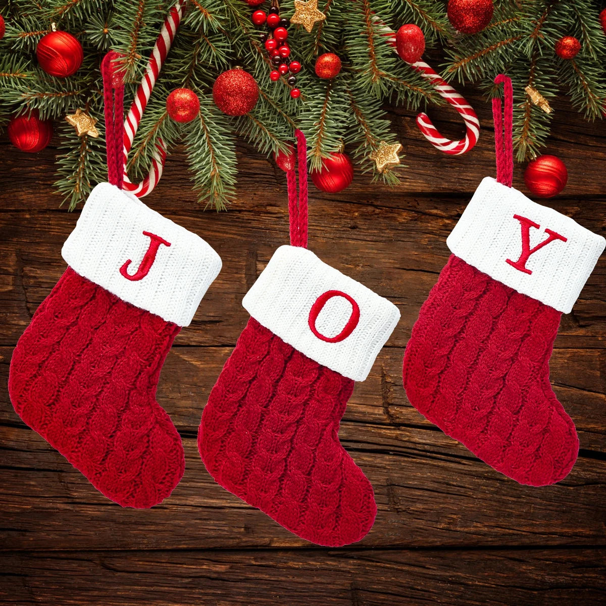 Knitted Christmas Stockings – Snowflake & Letter Design, Home Decor & Tree Ornaments, Xmas 2024