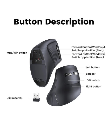 UGREEN Vertical Ergonomic Wireless Mouse – Bluetooth 5.0 & 2.4G, 5 Buttons, Adjustable DPI (1000-4000), Black