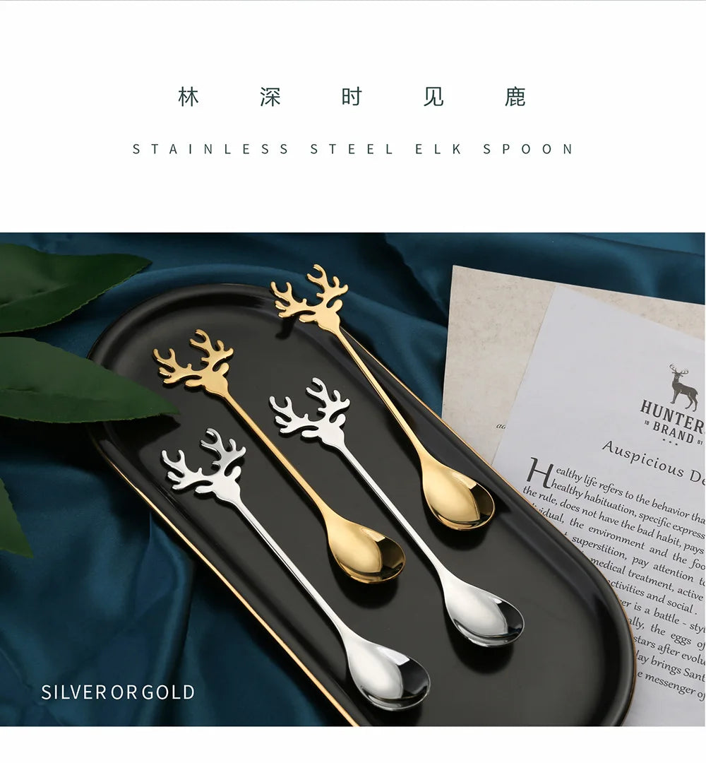 4pcs Christmas Elk Head Stainless Steel Coffee Spoons – Table Decor & Gifts for Xmas 2023 & New Year 2024