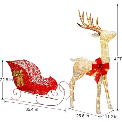 Christmas Yard Decoration,4 FT 120 LEDs Pre-lit 3D Reindeer &Sleigh Outdoor Decorations, Warm White Light Up Glittered Standing