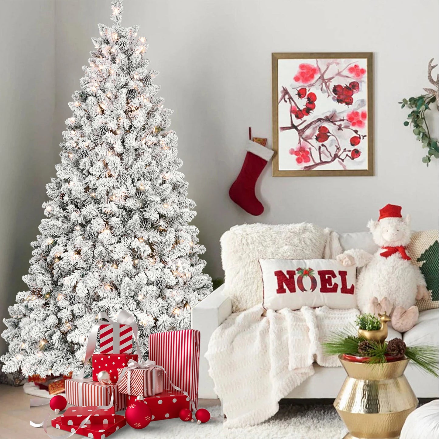 PVC Artificial Flocking Christmas Tree – 4-9FT, Tungsten Lights, Pine Cone Decor, Metal Stand, Premium Xmas Ornaments