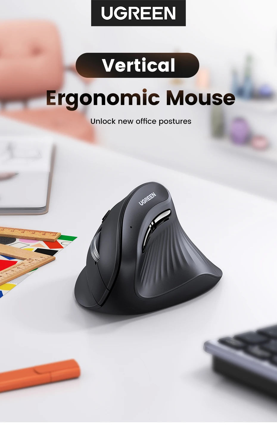 UGREEN Vertical Ergonomic Wireless Mouse – Bluetooth 5.0 & 2.4G, 5 Buttons, Adjustable DPI (1000-4000), Black