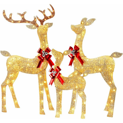 YULETIME Pre-lit 3D Christmas Reindeer Family – Glitter Deer Holiday Decoration with Warm White LED Lights